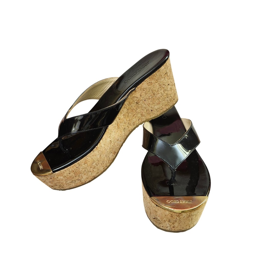 Jimmy Choo Black Patent Leather Cork Wedge Thong Sandals Gold Logo Italy 36.5